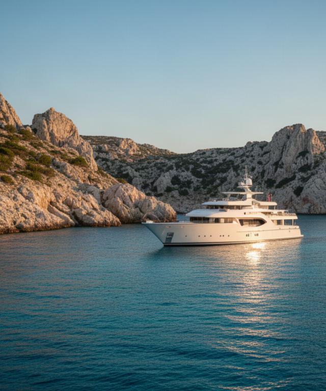 Elegante Expeditionsyacht vor einer felsigen Mittelmeerküste bei ruhiger See