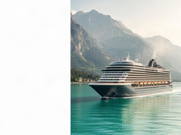 Modernes Kreuzfahrtschiff mit emissionsarmem Antrieb bei ruhiger Fahrt vor einer alpinen Küste