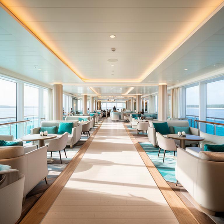 Modernes Kreuzfahrtschiff-Interieur mit heller Lounge, breiten Wegen und eleganten Sitzbereichen