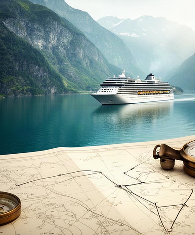 Kreuzfahrtschiff vor einer alpinen Küste mit Seekarte und Routenplanung im Vordergrund